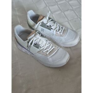 On Running White Mesh Athletic Sneakers with Beige and Light Purple Accents